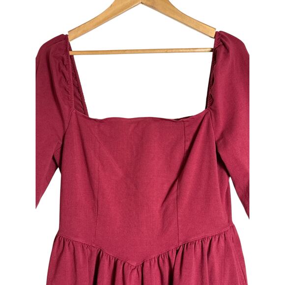 Aerie Women's Long Sleeve Smocked Back Stretch Fit & Flare Mini Dress Size L Red - Picture 4 of 7